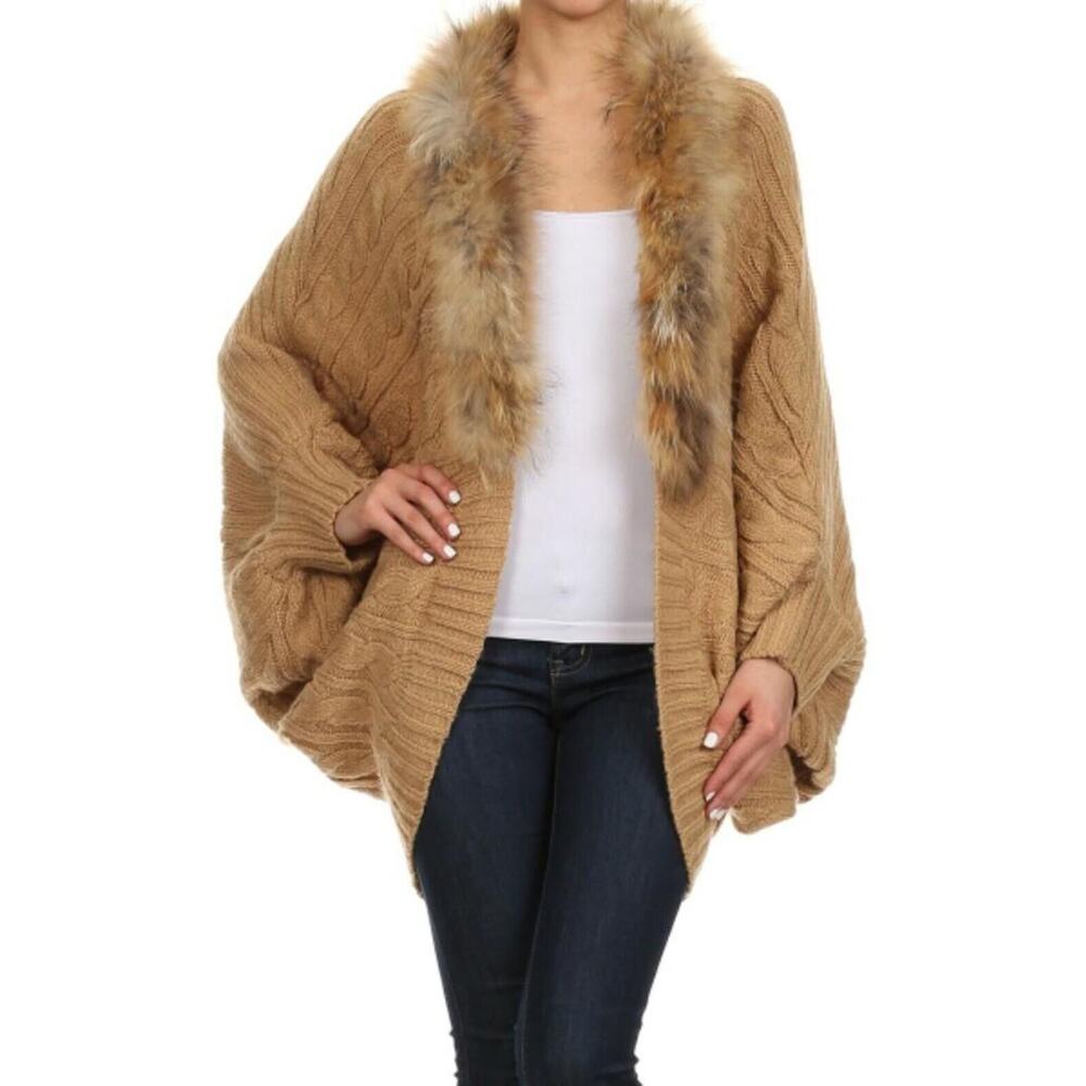 Freeway Size L Cardigan Sweater Cocoon Cable Knit Open Fur Trim Dolman Sleeve‎